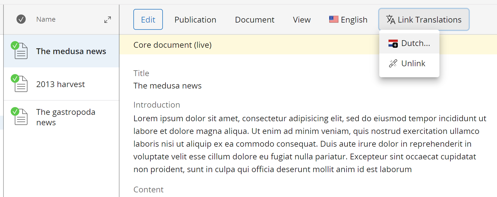Screenshot of the Document Translation Picker menu